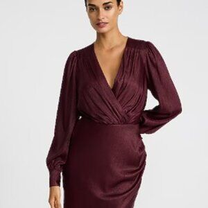 Metallic Express Deep Red V Neck Long Sleeve Mini Dress